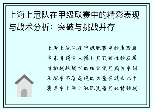 上海上冠队在甲级联赛中的精彩表现与战术分析：突破与挑战并存